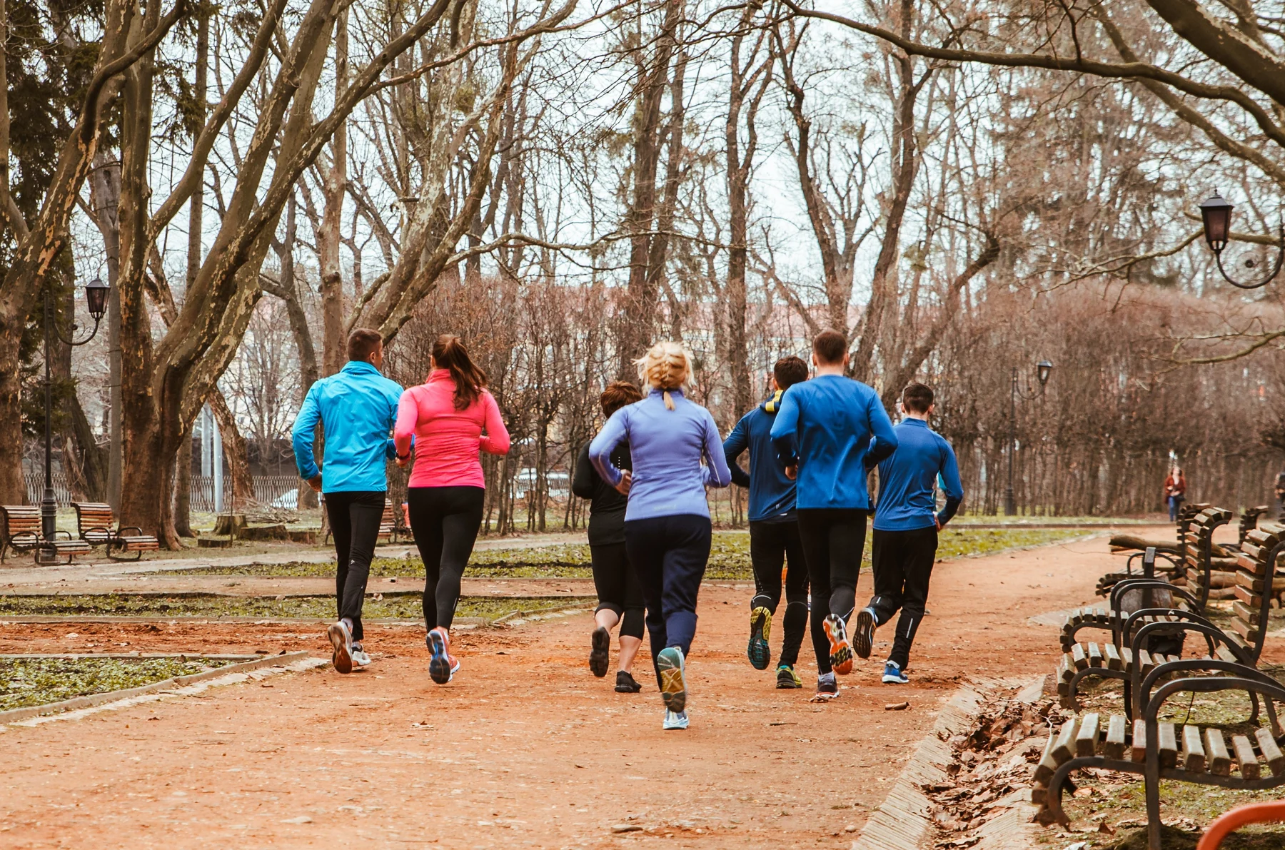 Een gemengde groep hardlopers bouwt samen conditie op in een park
