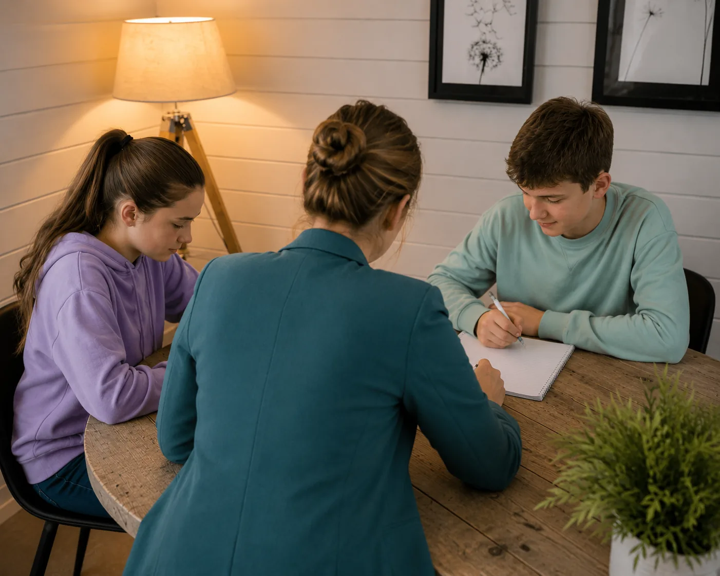 Leerlingen werken samen met begeleiding aan tafel