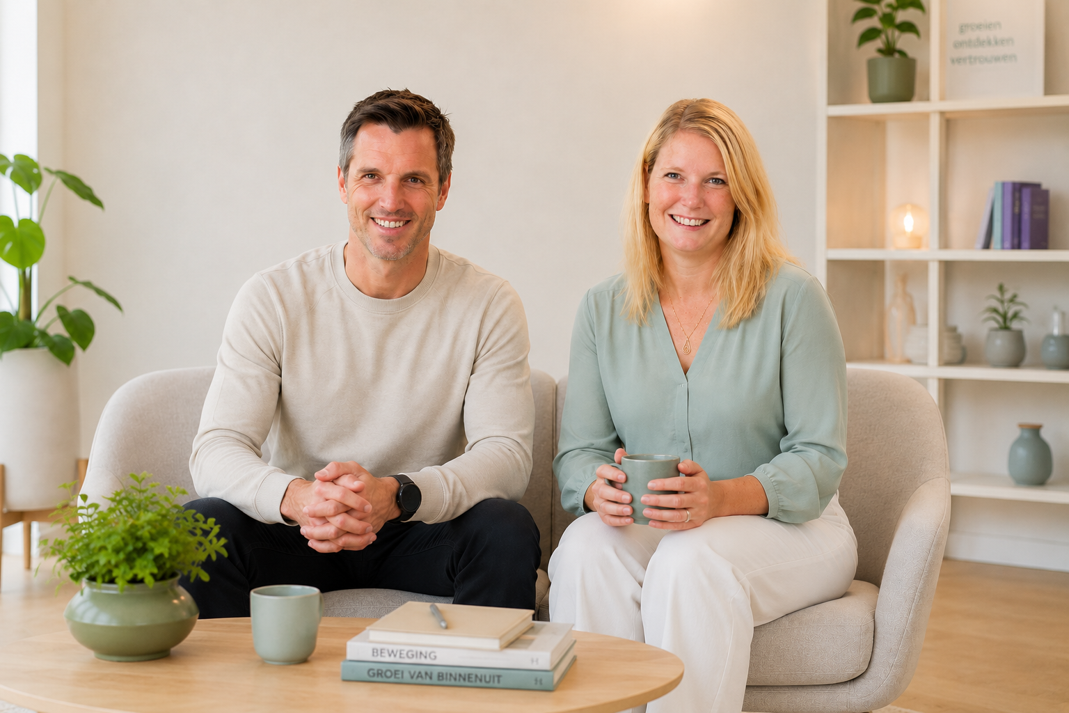 Jarno en Judith zitten samen in een lichte praktijkruimte