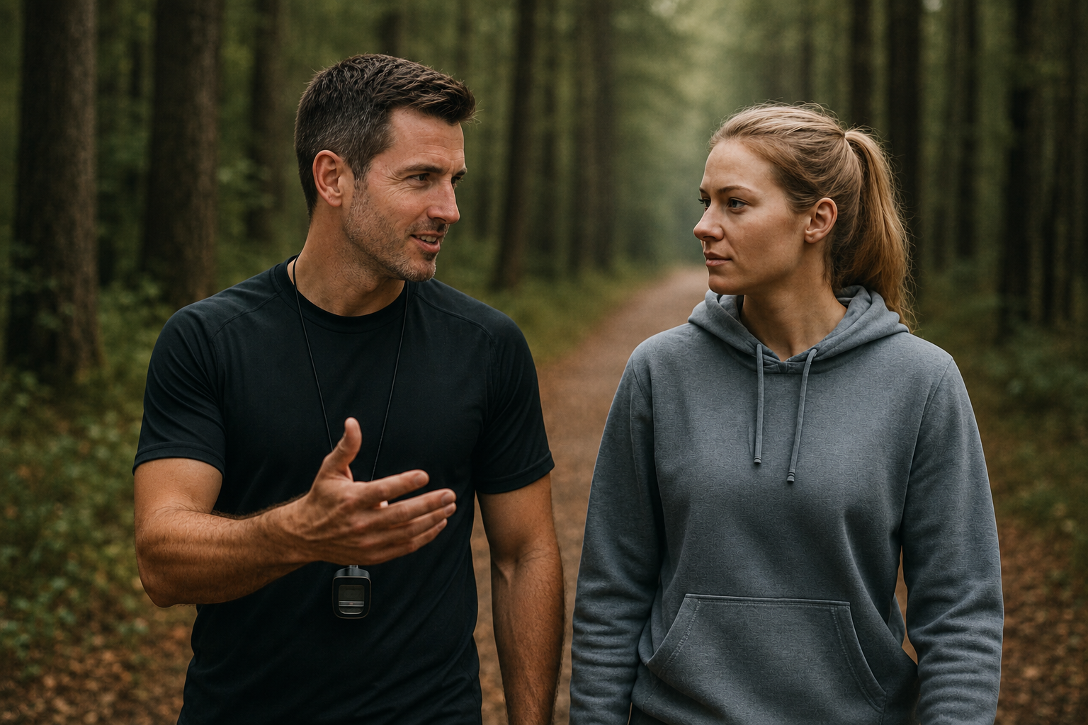 Een sportcoach bespreekt tijdens een wandeling de ontwikkeling van een sporter