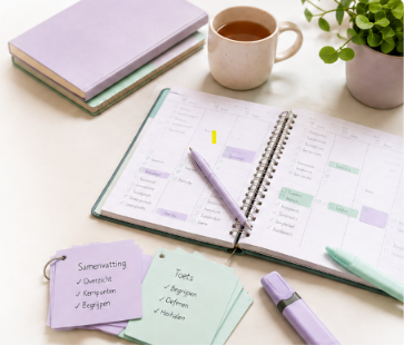 Een planner, notitiekaartjes en pennen in mint- en lilatinten